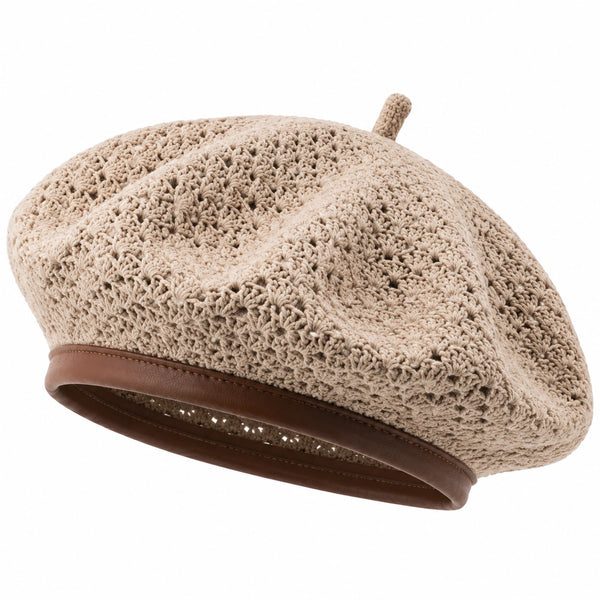 Béret taille unique en maille beige avec bordure marron style décontracté