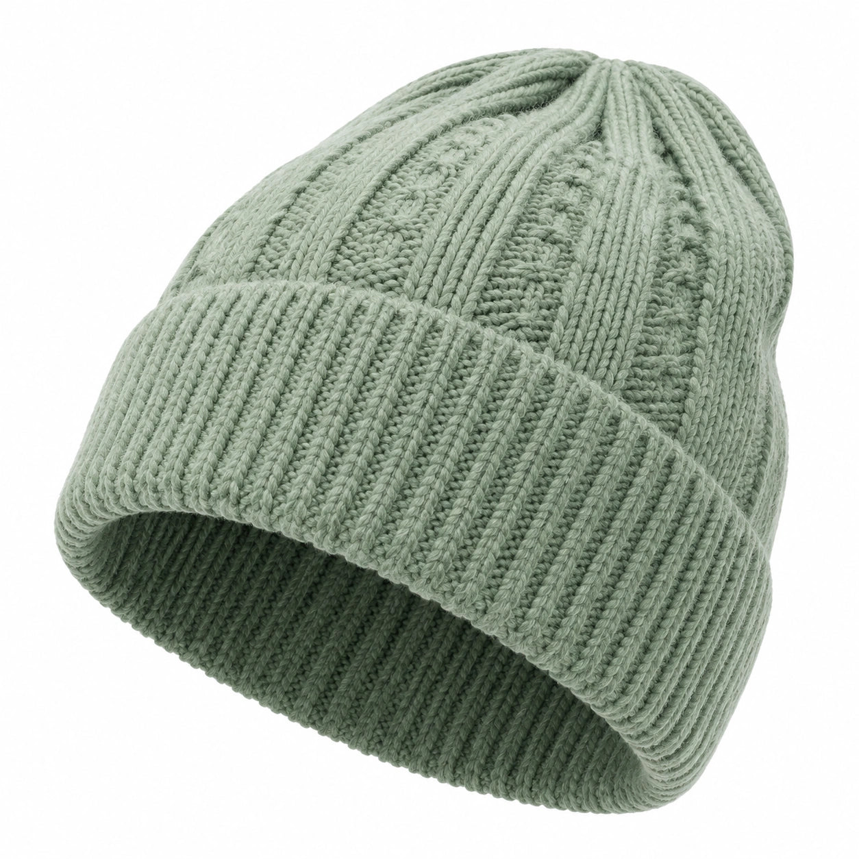 Bonnet taille unique en maille vert sauge à revers côtelé