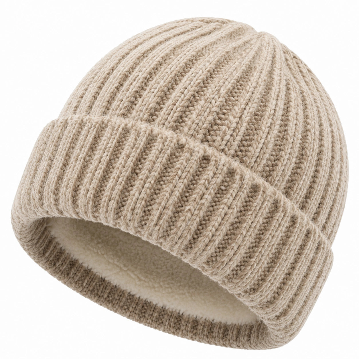 Bonnet en maille beige taille unique doublé chaud à revers