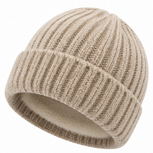 Bonnet en maille beige taille unique doublé chaud à revers