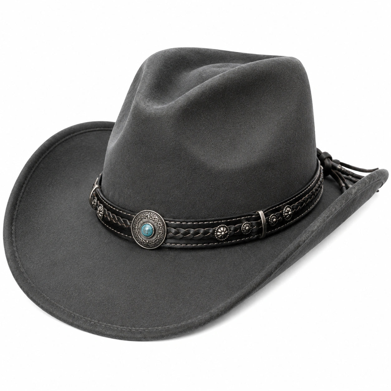 Chapeau cowboy taille unique gris anthracite aspect suédine à large bord décoratif